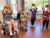 Elderly women engaging in fitness activities with exercise balls in a community center.