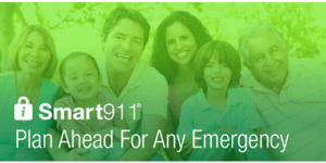 A green-tinted photo of a family of six with the words "Smart 911: Plan Ahead For Any Emergency" in white.